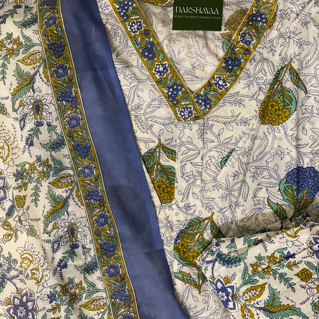 Blue Botanical Block Print Cotton Kurta Set