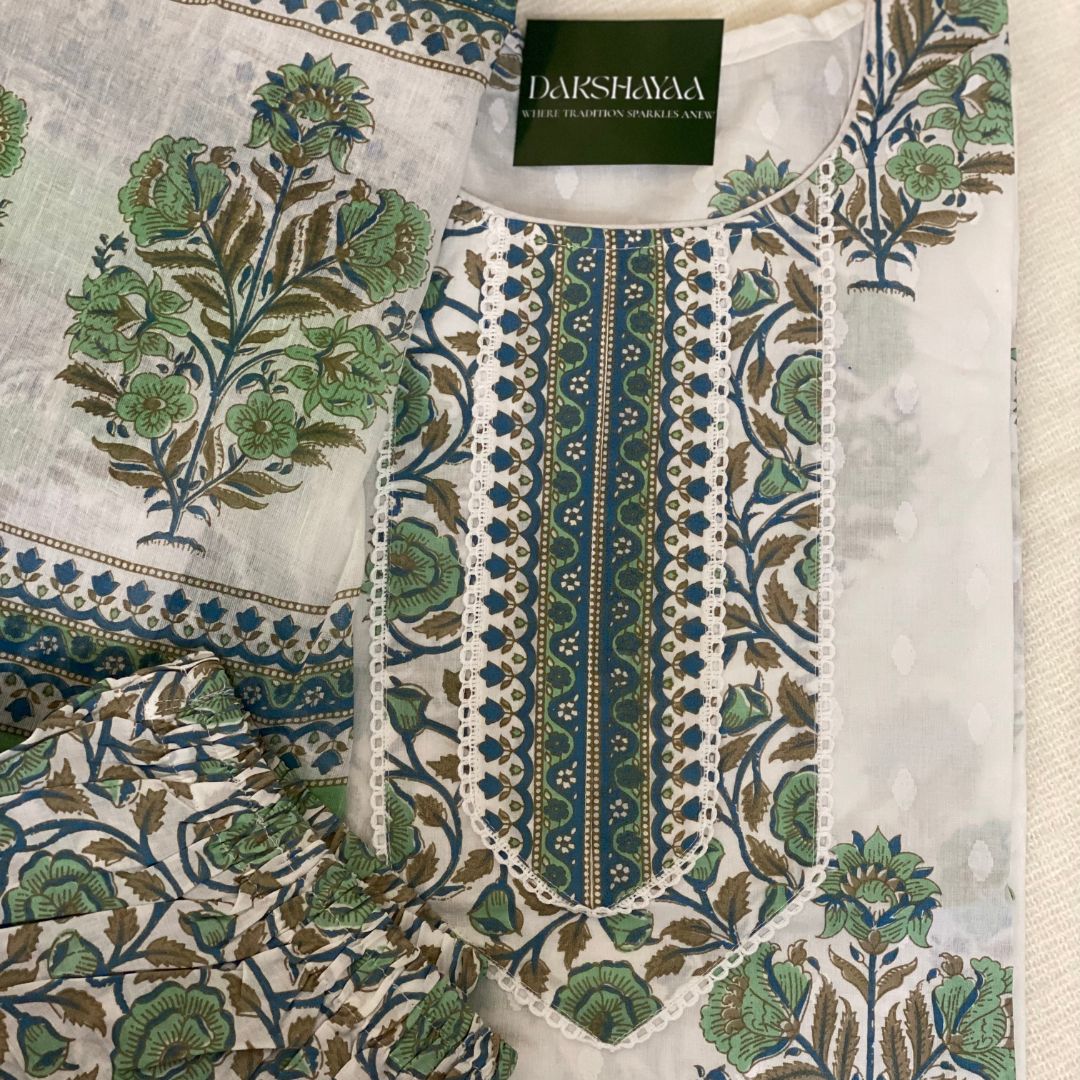 Meadow Green Floral Block Print Kurta Set