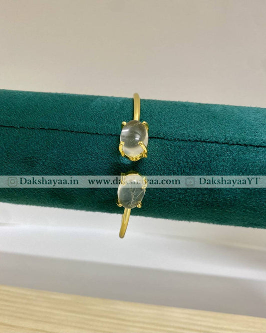 Double Clear Quartz Open Bangle | Gold Plated Brass
