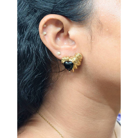 Black Heart Ruffle Stud Earrings | 18K Gold Plated