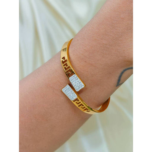 Greek Key CZ Open Bangle | 18K Gold Plated Stainless Steel