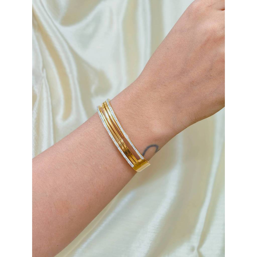 Triple Stripe Minimal CZ Bangle | 18K Gold Plated Stainless Steel