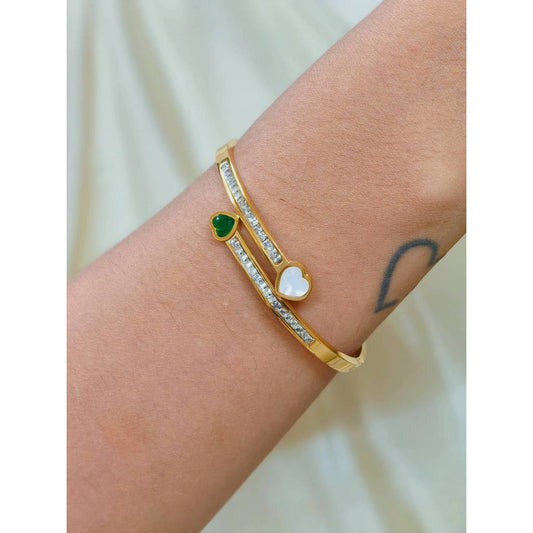 Dual Heart Mother of Pearl & Green Stone Bangle | 18K Gold Plated Stainless Steel