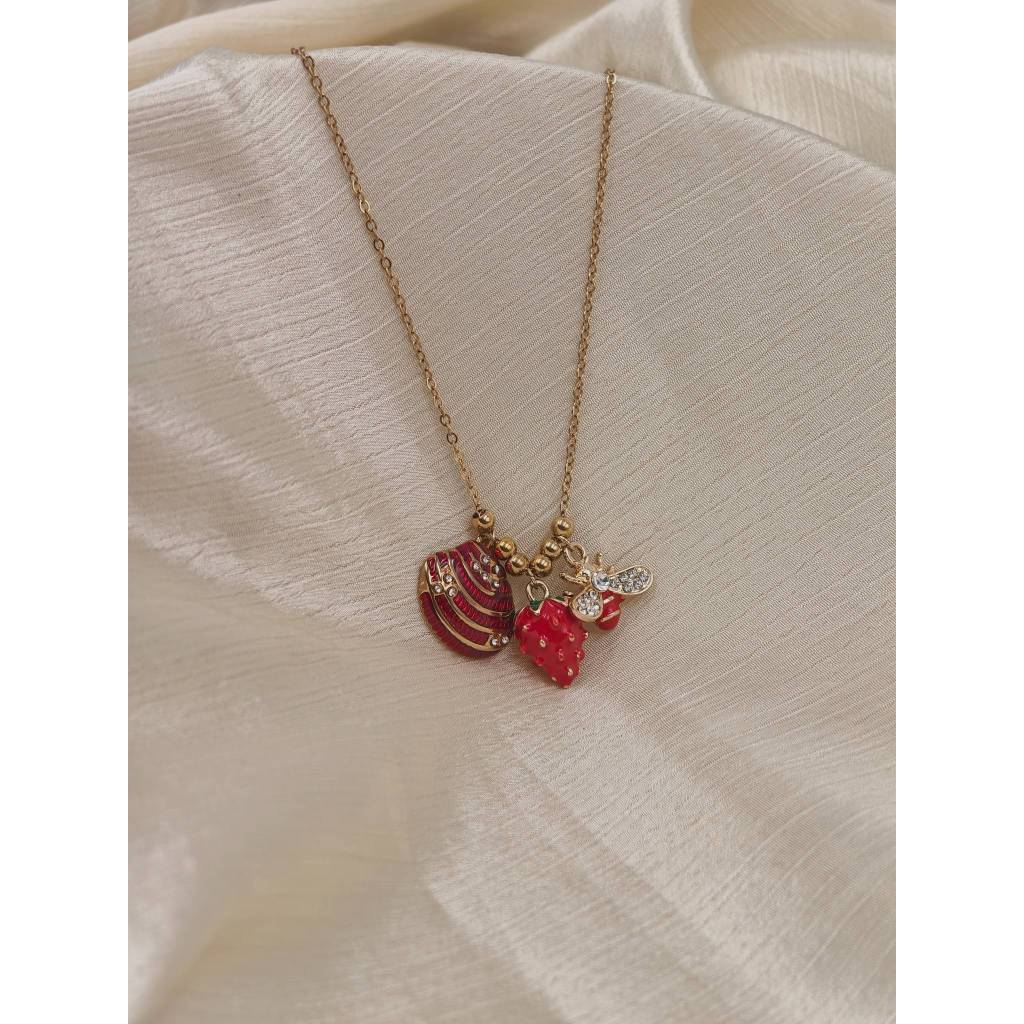 Enamel Strawberry, Bee & Shell Charm Necklace