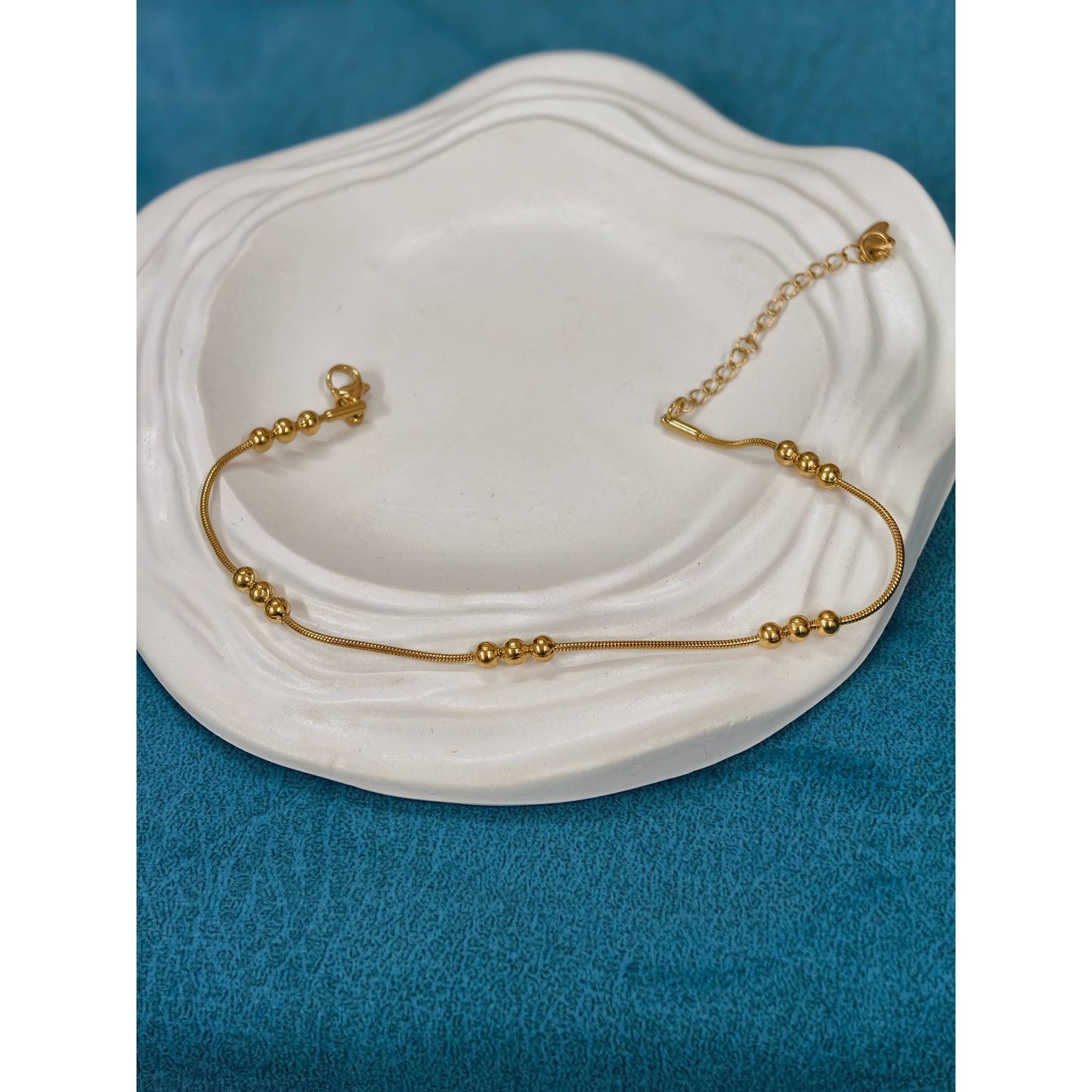 Three Gold Beaded Snake Chain Anklet Pair