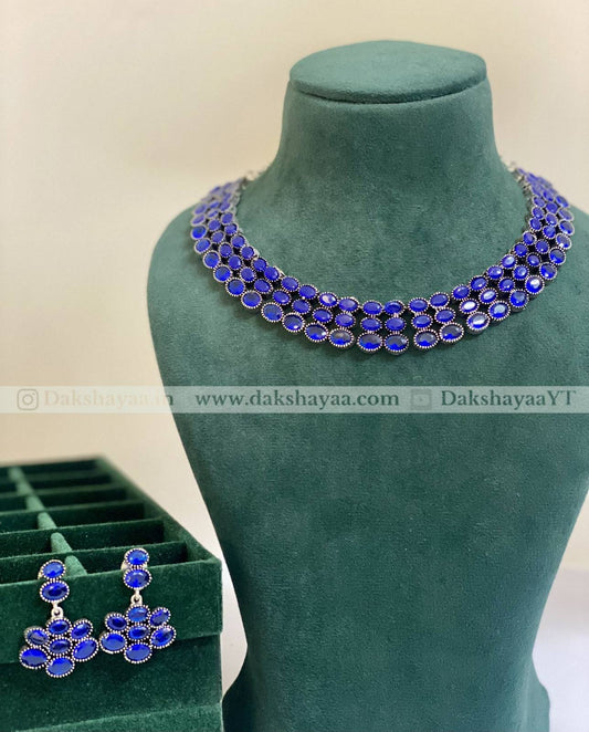 Premium-grade brass alloy with imitation silver finish, colourful glass stones blue