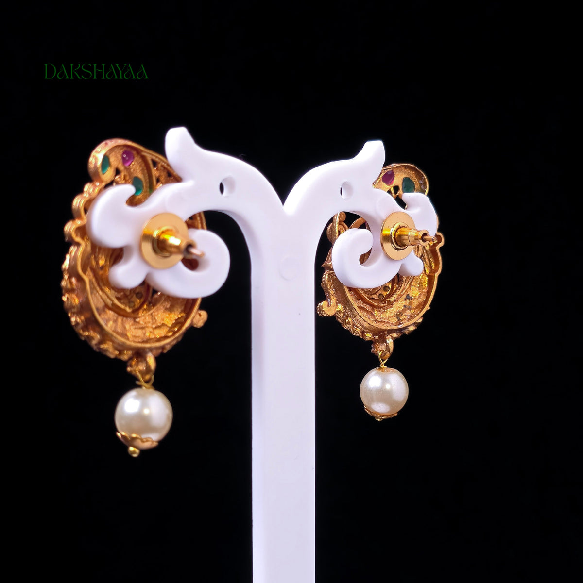 Peacock Ruby & Green Pearl Drop Earrings