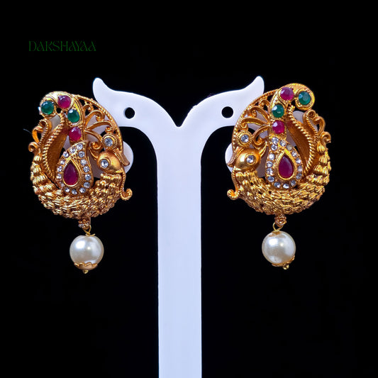 Peacock Ruby & Green Pearl Drop Earrings