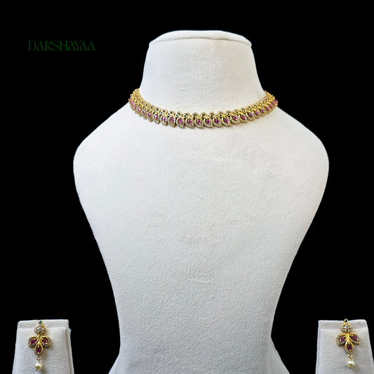 Pink Leaf Motif Choker Necklace Set