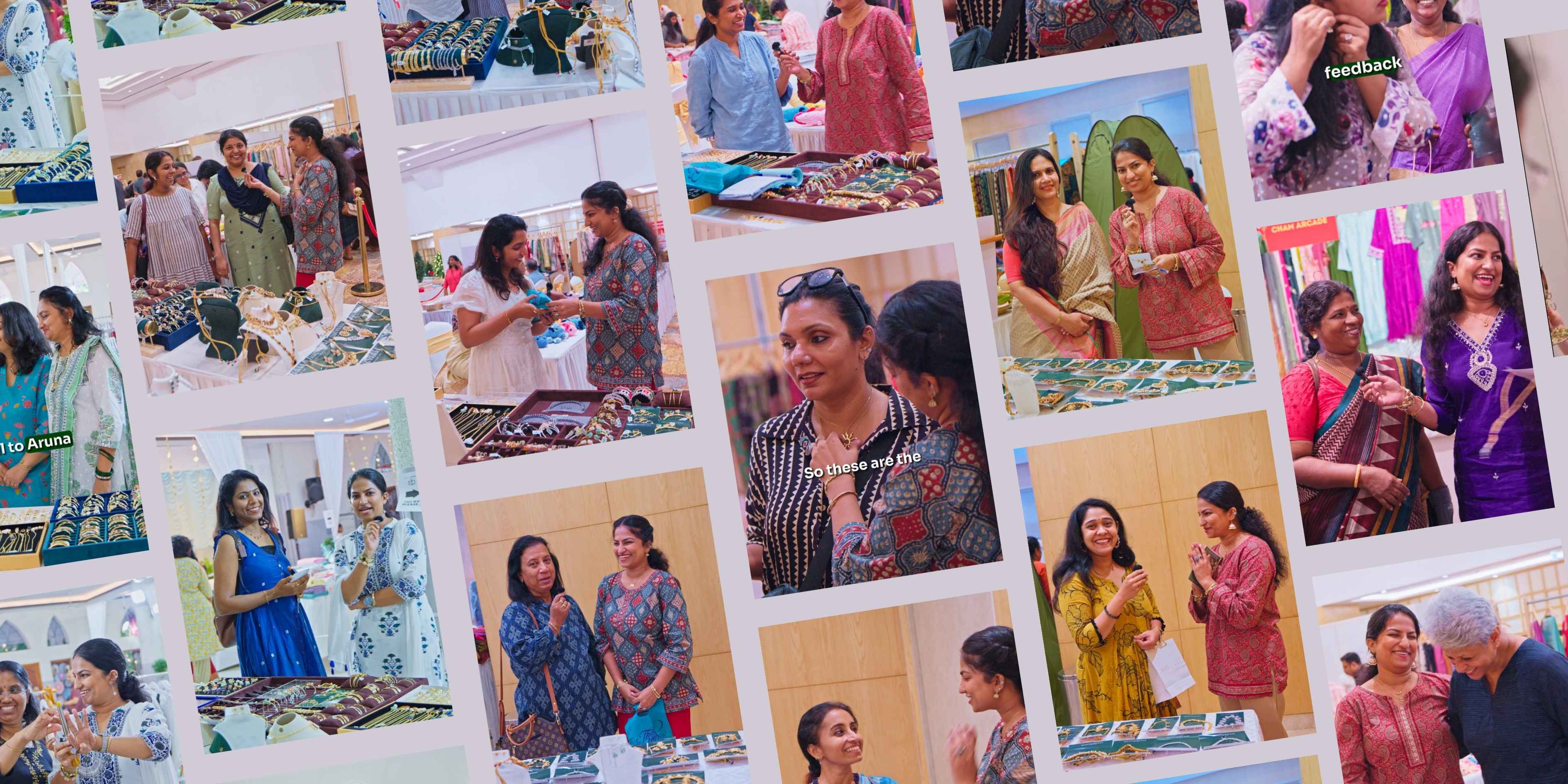 Collage of women in various settings, possibly at an event or gathering.