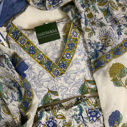 Blue Botanical Block Print Cotton Kurta Set