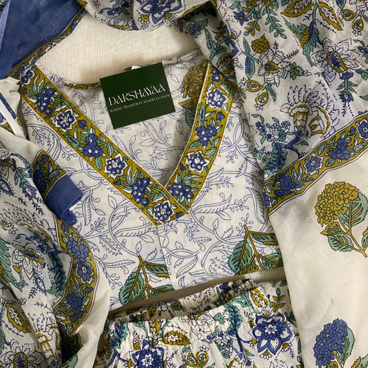 Blue Botanical Block Print Cotton Kurta Set