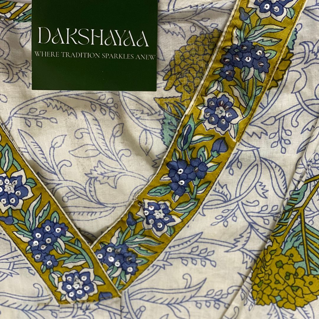 Blue Botanical Block Print Cotton Kurta Set