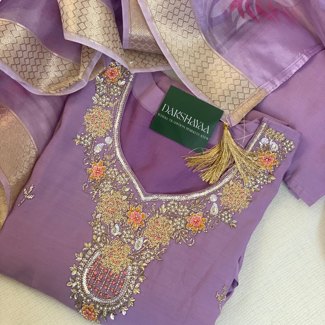Purple embroidered kurta with gold details and a brand card on a light background M-2XL