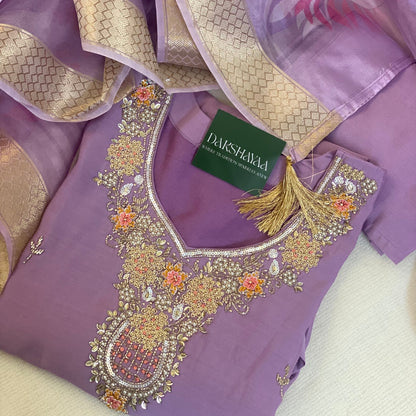 Purple embroidered kurta with gold details and a brand card on a light background M-2XL