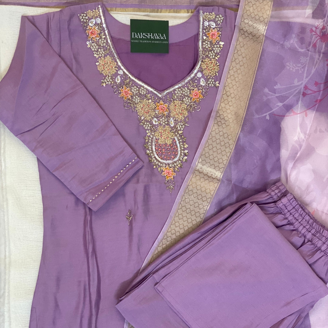 Lilac Floral Embroidery Kurta Set
