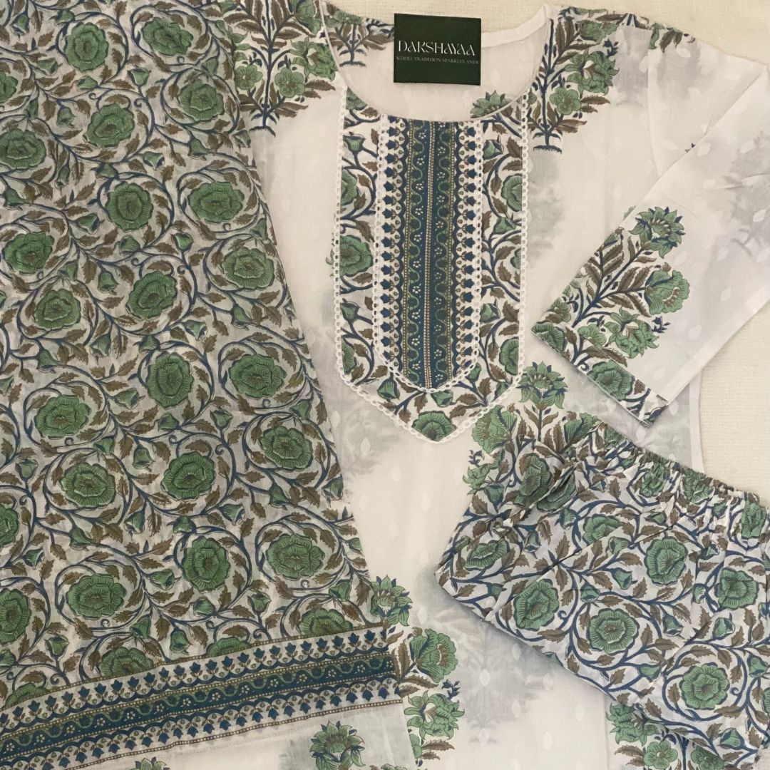 Meadow Green Floral Block Print Kurta Set