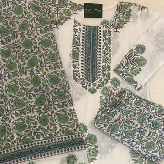 Meadow Green Floral Block Print Kurta Set
