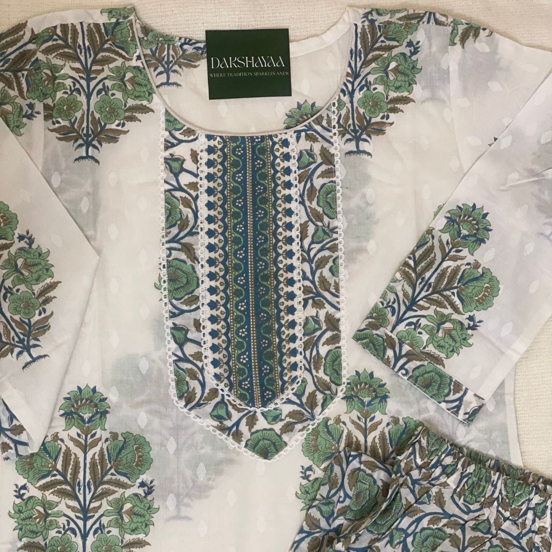 Meadow Green Floral Block Print Kurta Set