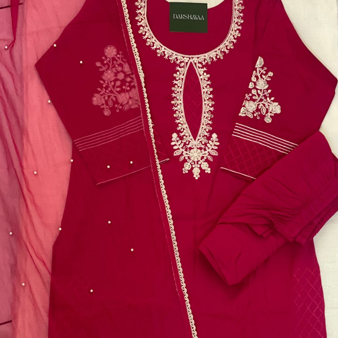Hot Pink Blossom Embroidered Kurta Set