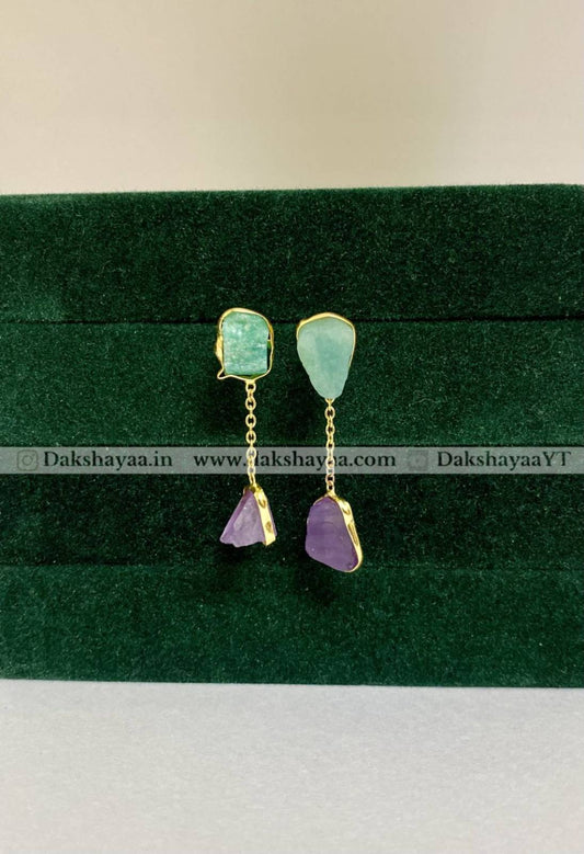 Amazonite & Amethyst Raw Crystal Drop Earrings  | Gold Plated Brass