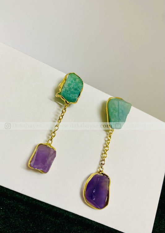 Amazonite & Amethyst Raw Crystal Drop Earrings  | Gold Plated Brass