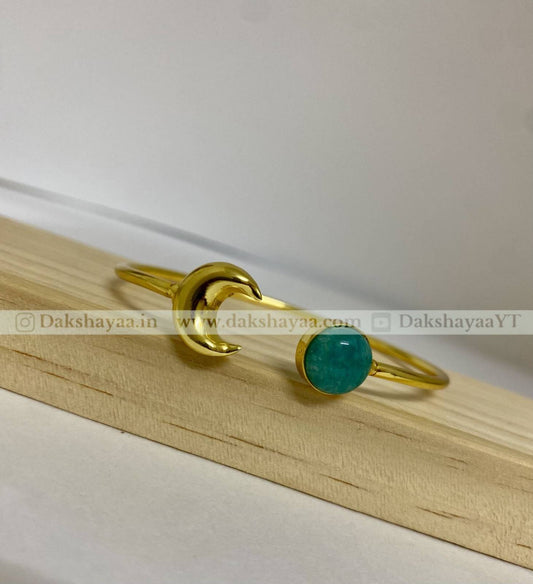 Amazonite & Crescent Moon Open Bangle | Gold Plated Brass
