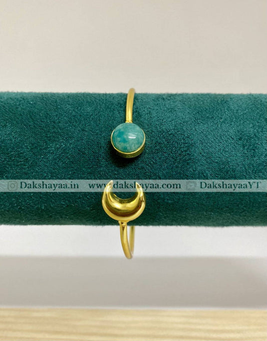 Amazonite & Crescent Moon Open Bangle | Gold Plated Brass