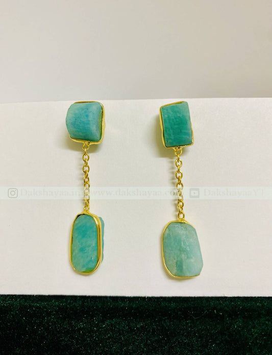 Amazonite Raw Crystal Drop Earrings | Gold Plated Brass