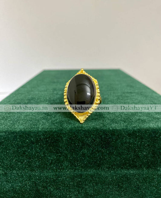 Black Onyx Marquise Cabochon Ring | Gold Plated Brass
