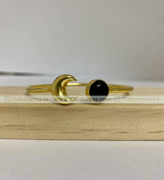Black Tourmaline & Crescent Moon Open Bangle | Gold Plated Brass