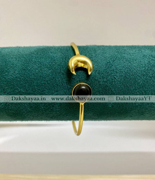 Black Tourmaline & Crescent Moon Open Bangle | Gold Plated Brass