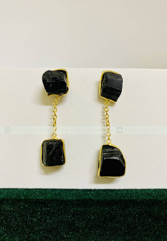 Black Tourmaline Raw Crystal Drop Earrings | Gold Plated Brass