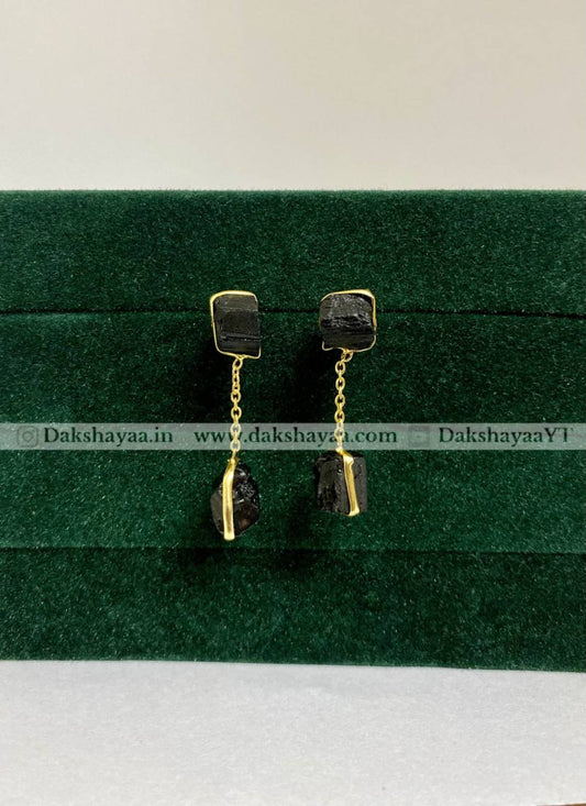 Black Tourmaline Raw Crystal Drop Earrings | Gold Plated Brass