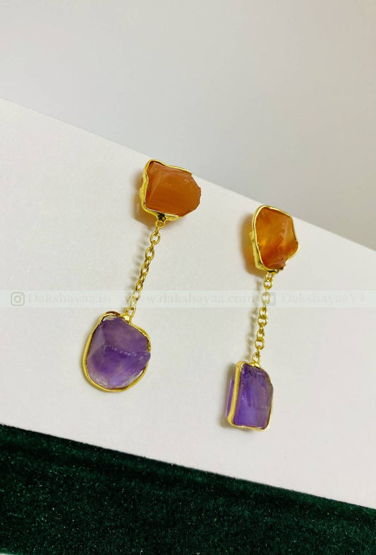 Carnelian & Amethyst Raw Crystal Drop Earrings  | Gold Plated Brass