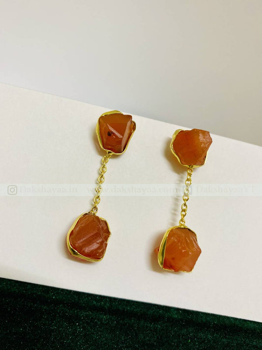 Carnelian Raw Crystal Drop Earrings  | Gold Plated Brass