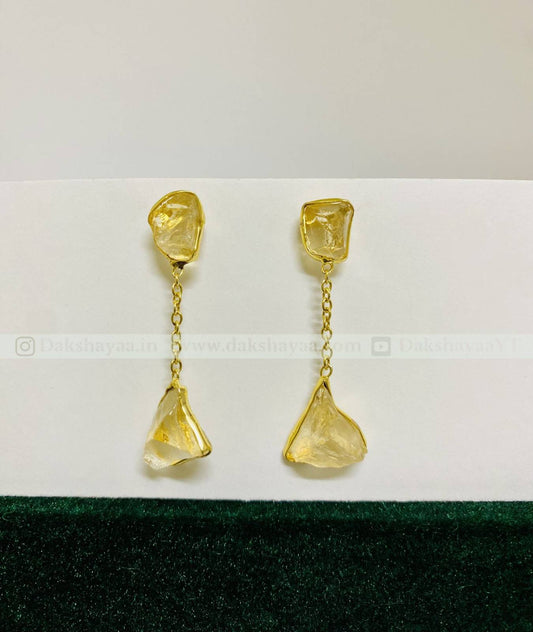 Citrine Raw Crystal Drop Earrings | Gold Plated Brass