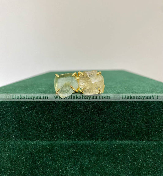 Clear Quartz & Fluorite Double Raw Crystal Ring | Gold Plated Brass