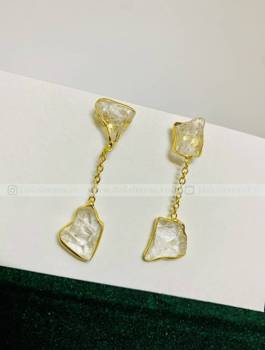 Clear Quartz Raw Crystal Drop Earrings  | Gold Plated Brass