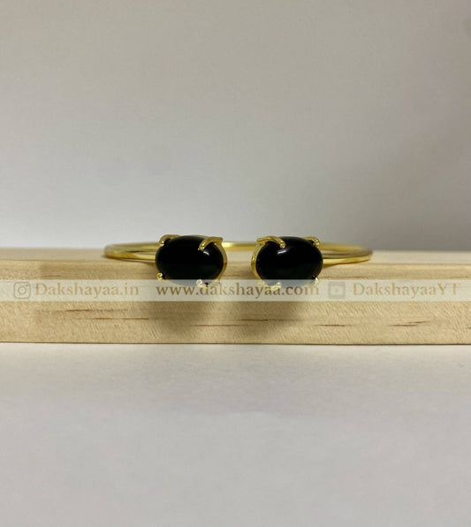 Double Black Onyx Open Bangle | Gold Plated Brass