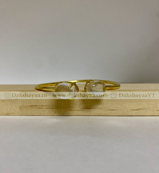 Double Clear Quartz Open Bangle | Gold Plated Brass