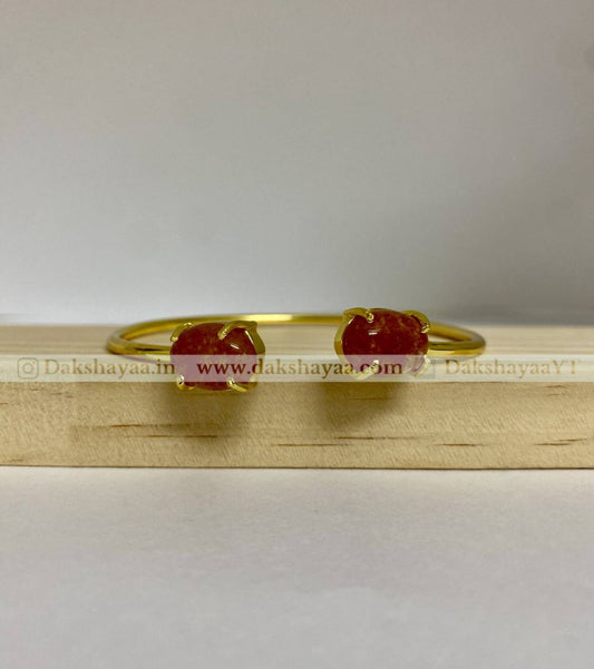  Double Red Aventurine Open Bangle | Gold Plated Brass