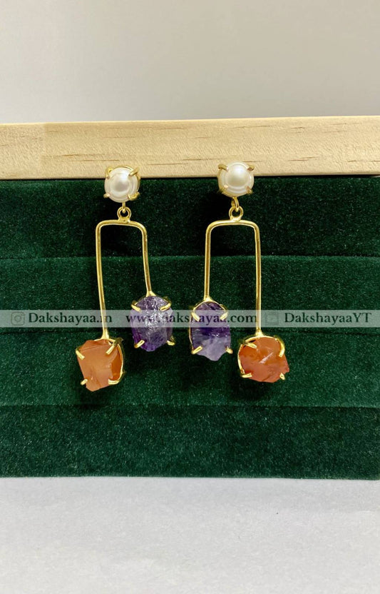 Freshwater Pearl, Amethyst & Carnelian Raw Crystal Drop Earrings | Gold Plated Brass
