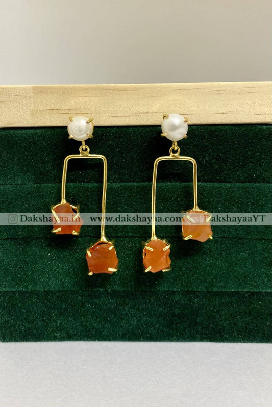 Freshwater Pearl & Carnelian Raw Crystal Drop Earrings | Gold Plated Brass