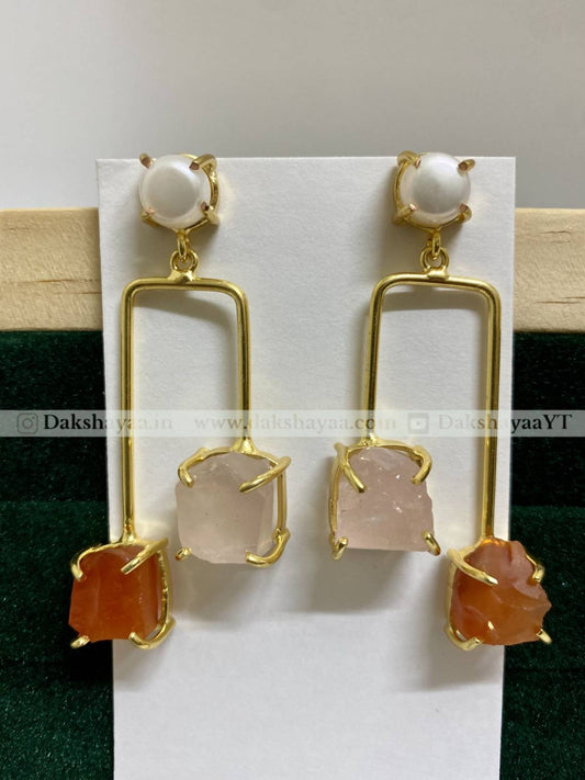 Freshwater Pearl, Carnelian & Rose Quartz Raw Crystal Drop Earrings | Gold Plated Brass