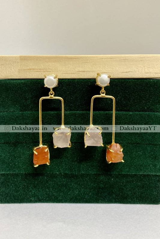 Freshwater Pearl, Carnelian & Rose Quartz Raw Crystal Drop Earrings | Gold Plated Brass