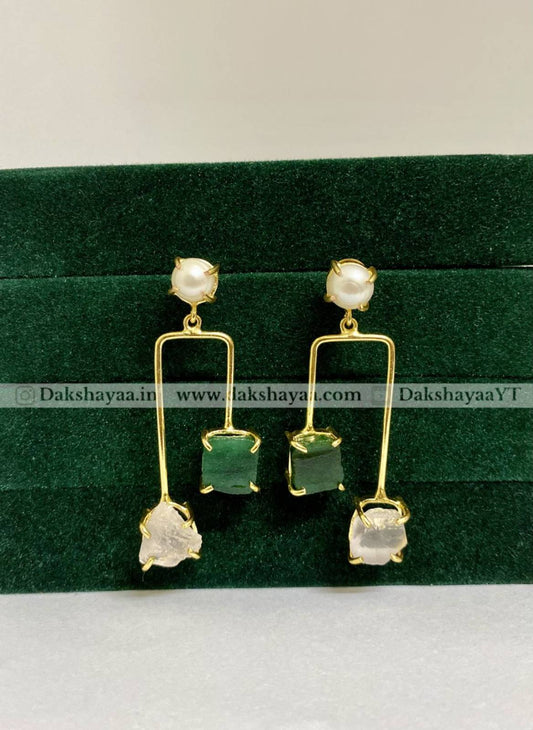 Freshwater Pearl, Green Aventurine & Rose Quartz Raw Crystal Drop Earrings | Gold Plated Brass