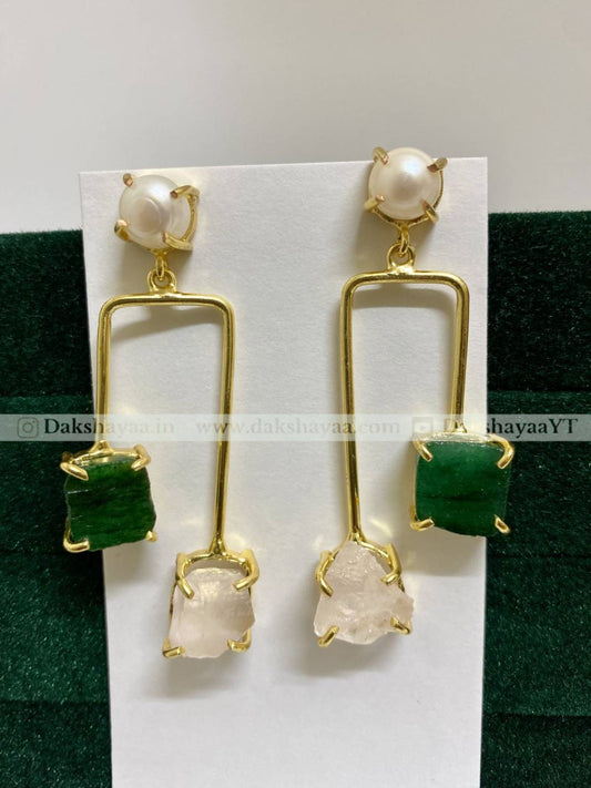 Freshwater Pearl, Green Aventurine & Rose Quartz Raw Crystal Drop Earrings | Gold Plated Brass