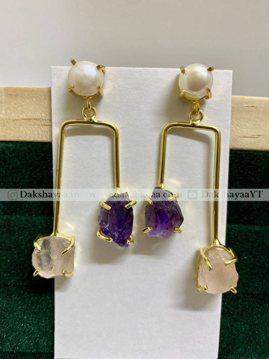 Freshwater Pearl, Rose Quartz & Amethyst Raw Crystal Drop Earrings | Gold Plated Brass