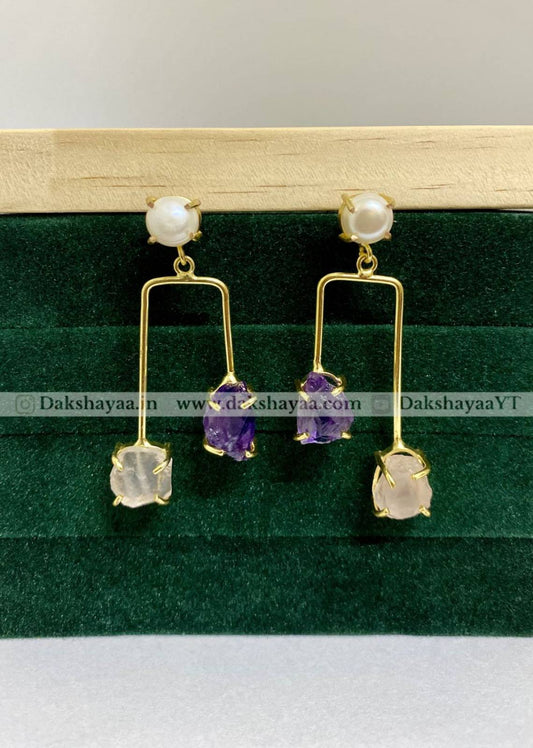 Freshwater Pearl, Rose Quartz & Amethyst Raw Crystal Drop Earrings | Gold Plated Brass